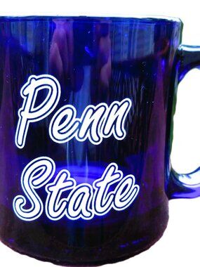 PENN STATE University PSU Cobalt Blue Glass Coffee Mug Cup Made in USA 1980s